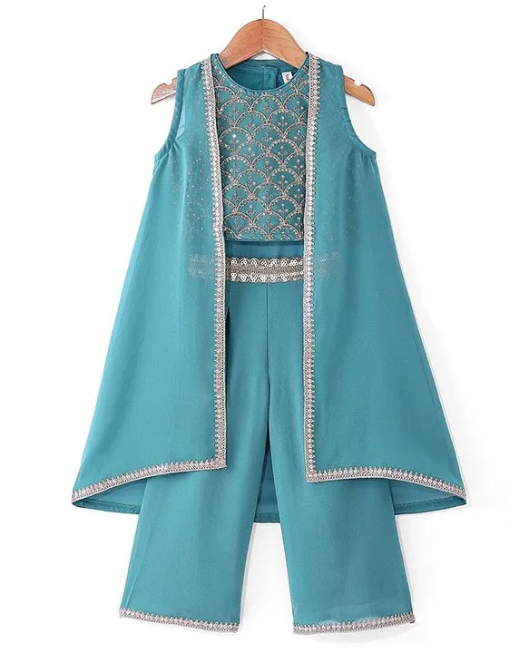 Babyhug Georgette Woven Sleeveless Sequinned Floral Embroidered Top & Palazzo Set with Lace Detailed Shrug - Teal Blue